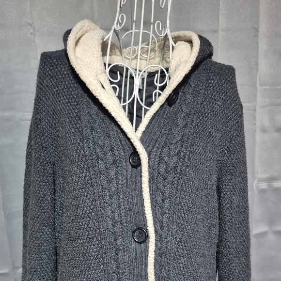 L.L. Bean Charcoal Hooded Cardigan with Ivory Trim - Picture 4 of 12
